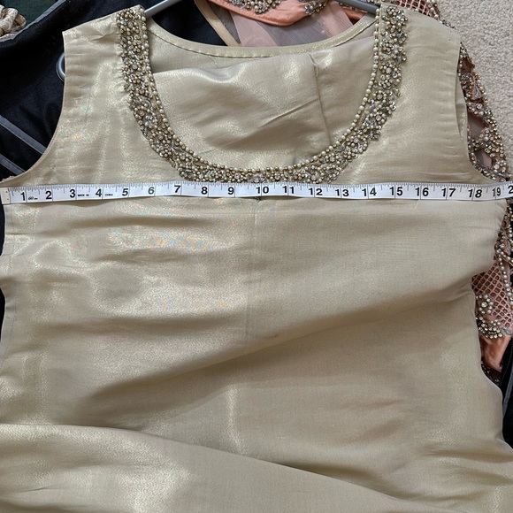 Pakistani shalwar kameez peach heavy kaam wedding dress Eid Indian high low desi - Picture 15 of 17